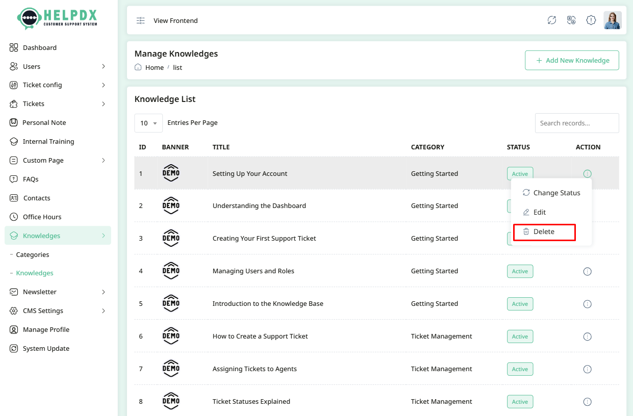 Delete Knowledge Option