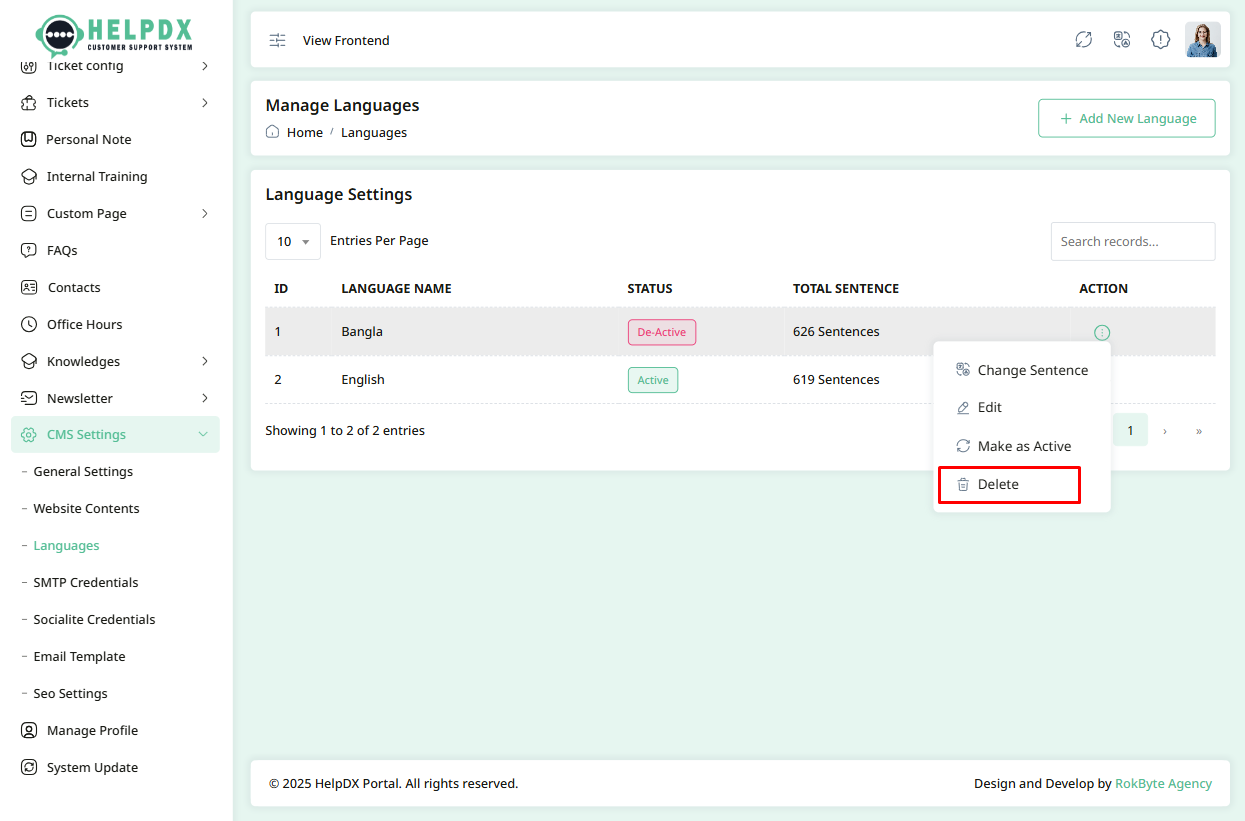 Delete Language Option