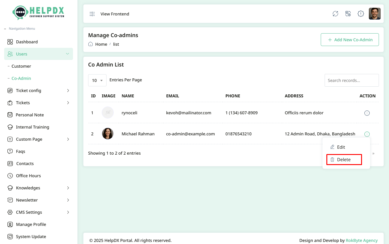Delete Co-Admin Option