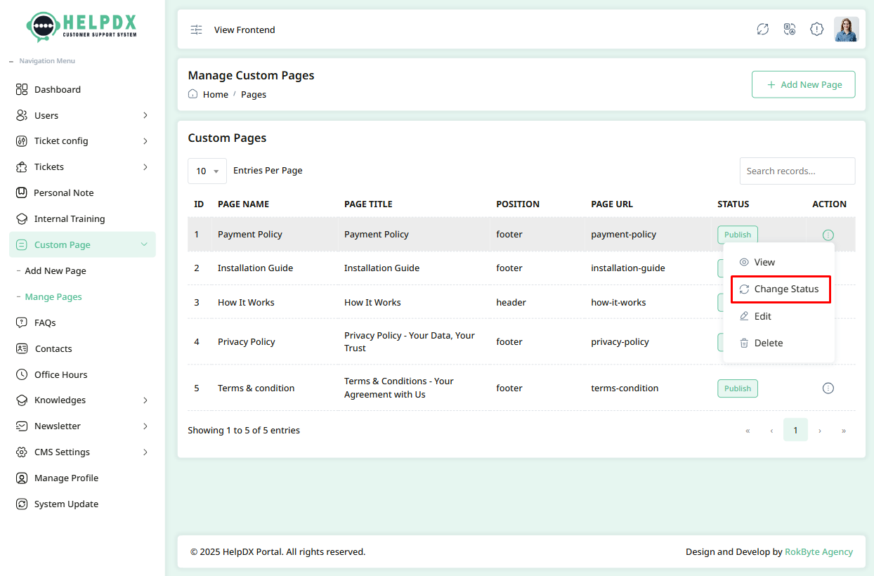 Change Custom Page Status